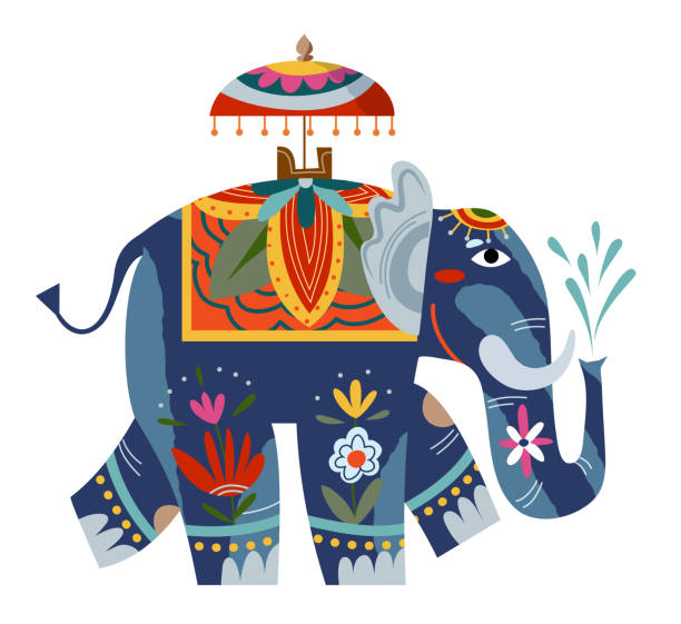 illustrazioni stock, clip art, cartoni animati e icone di tendenza di elefante indiano con motivo decorativo e sedile con ombrello. elementi vintage con illustrazione vettoriale di fiori e piante. turismo in india simboli di viaggio per volantino o poster - indian symbol