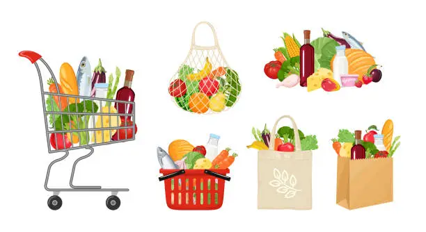 Vector illustration of Grocery sets. Paper bag with food, fruit and vegetables in eco bag, reusable mesh eco bag, shopping trolley cart. Supermarket food vector illustration. Cartoon flat style.