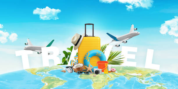 istock Travel composition with bag, hat, beach items and planes on world map. Creative summer travel concept 1322367296