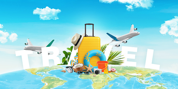 Travel composition with bag, hat, beach items and planes on world map. Creative summer travel concept