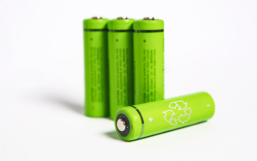 Various level energy alkaline batteries, 3d rendering. Digital drawing.