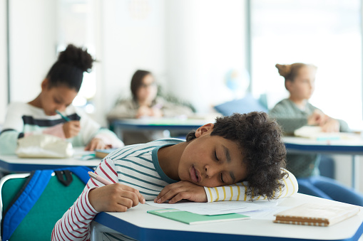 Portrait of mixed-raced boy sleeping at desk in school classroom, copy space