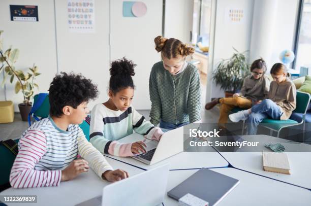 Group Of Kids In Modern School Stock Photo - Download Image Now - Child, Education, School Building