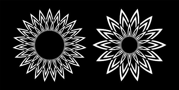 Abstract decorative geometric circle design elements. White floral icons on black background. Vector art