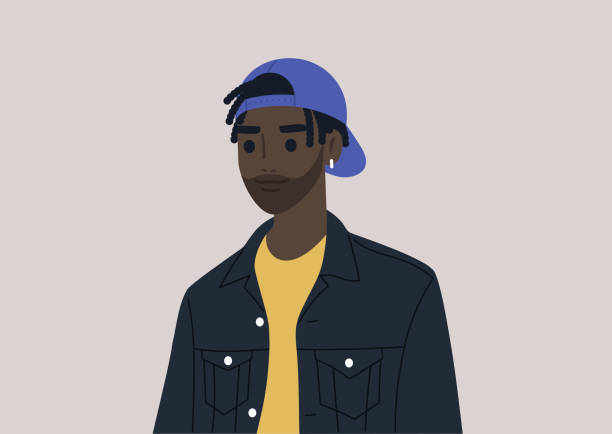 ilustraciones, imágenes clip art, dibujos animados e iconos de stock de un joven personaje negro masculino que se deforma con una gorra hacia atrás, la cultura afroamericana moderna - back to front fashion men male