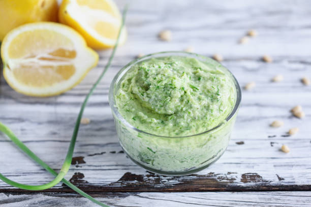 Garlic Scape Pesto with fresh homegrown ingredients