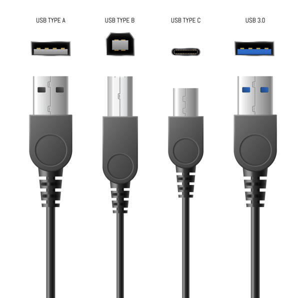 ilustrações de stock, clip art, desenhos animados e ícones de realistic usb cable connectors, smartphone chargers set with modern types of plugs and sockets - recharger