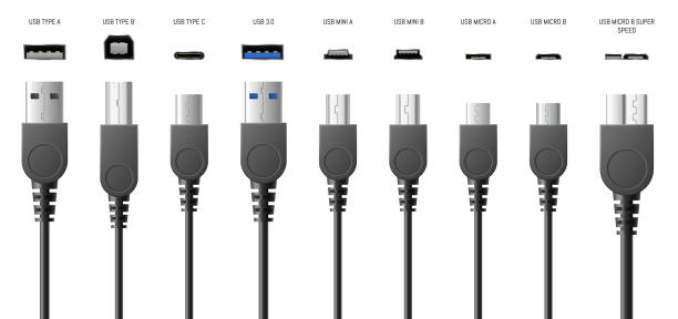 ilustrações, clipart, desenhos animados e ícones de plugues usb, a, b e tipo c, tomadas ou conectores universais de cabos de computador 3d realistas - cable audio equipment electric plug computer cable