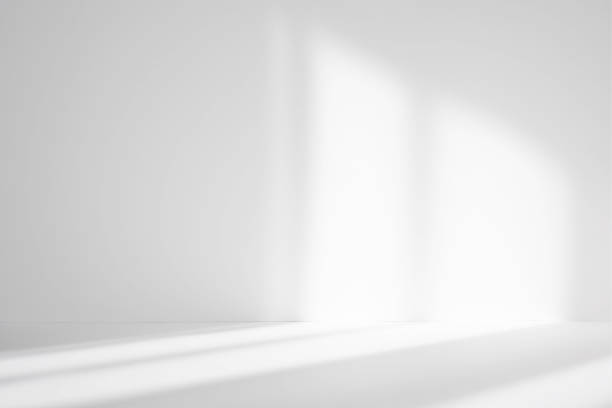 abstract white studio background for product presentation. empty room with shadows of window. display product with blurred backdrop. - sala de casa imagens e fotografias de stock