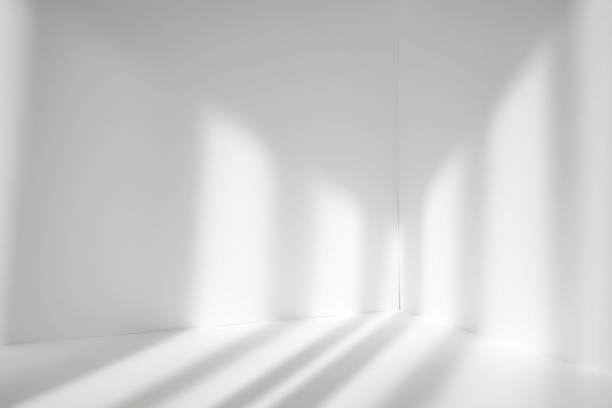 istock Empty white corner. Abstract studio background for product presentation. 3d room with shadows of window. Minimalistic space concept with blurred backdrop. 1322376170