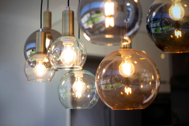 istock Lighting decor, beautiful retro luxury decoration light bulb lamps decor for modern home, Stylish interior hanging lamps house glowing 1322376407