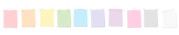 Paper notes attached with adhesive stripes, colorful lined shopping list notepads. Isolated vector illustration on white background. Paper notes attached with adhesive stripes, colorful lined shopping list notepads. Isolated vector illustration on white background. shopping list stock illustrations