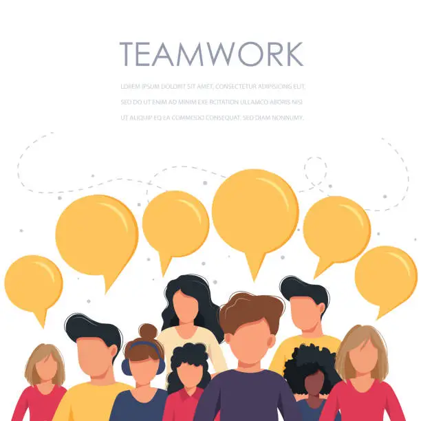 Vector illustration of Teamwork business people with speech bubbles icon. Project team avatars. Flat vector illustration