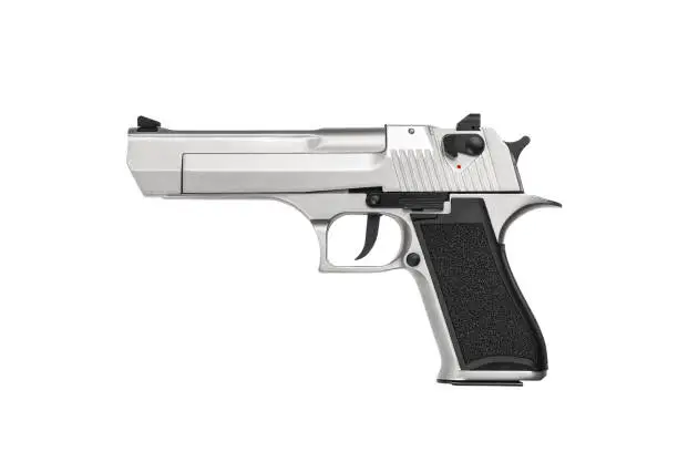 Photo of Modern semi-automatic pistol. A short-barreled weapon for self-defense. Arming the police, special units and the army. Isolate on a white background.