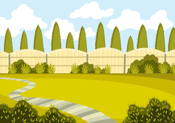 patio z zielonym trawnikiem, ogrodzeniem i drzewami. słoneczny dziedziniec z zieloną trawą i ścieżką. ilustracja wektora z kreskówki na świeżym powietrzu - backyard stock illustrations