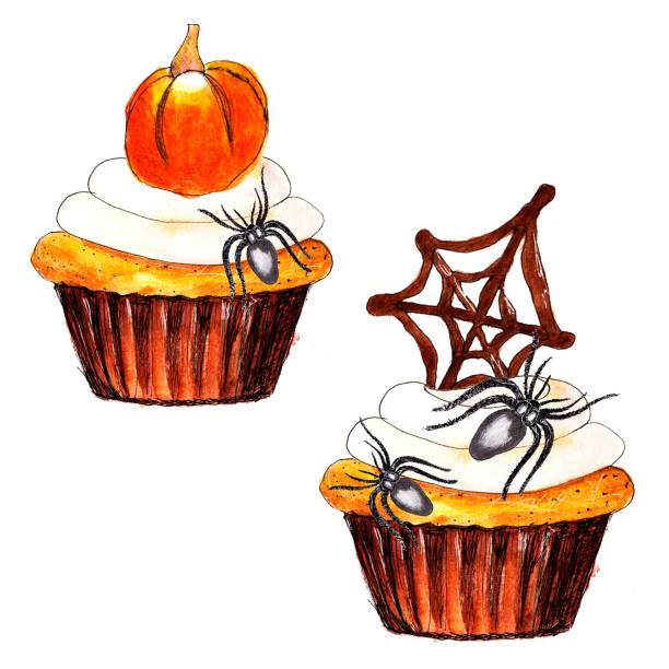 ilustrações, clipart, desenhos animados e ícones de set halloween cupcake whis aranha, abóbora, teia de aranha de chocolate. ilustração de desenho manual de aquarela, fundo branco isolado. - spider web halloween corn pumpkin