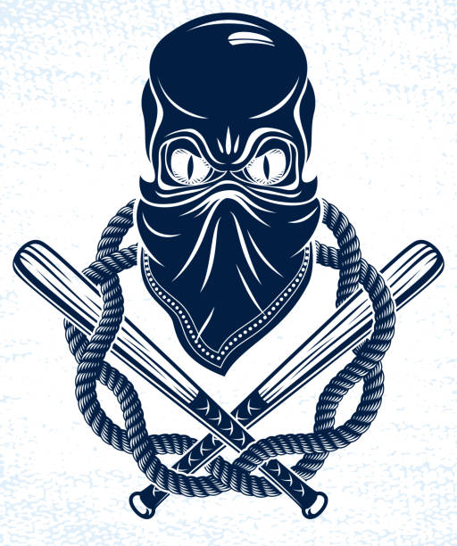 Gang brutal criminal emblem or logo with aggressive skull baseball bats design elements, vector anarchy crime terror retro style, ghetto revolutionary.