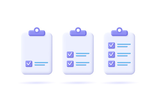 Task management check list, efficient work, project plan, fast progress, level up concept, assignment and exam, productivity solution icon.  3d vector illustration.