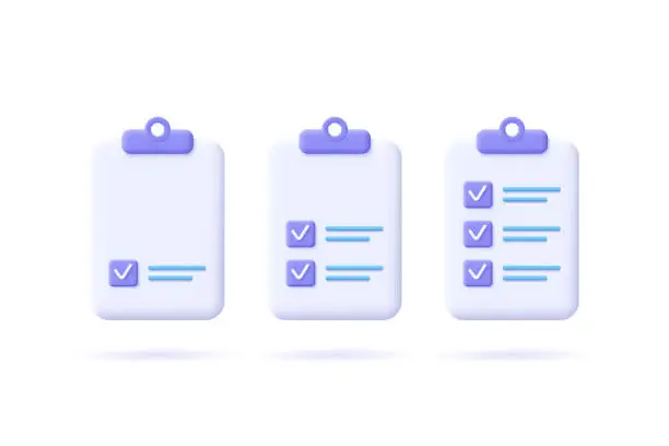 Vector illustration of Task management check list, efficient work, project plan, fast progress, level up concept, assignment and exam, productivity solution icon.  3d vector illustration.