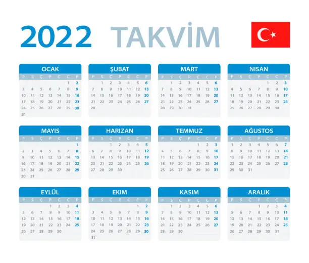 Vector illustration of 2022 Calendar - vector template graphic illustration - Turkish version. Translation: Calendar. Names of Months. Names of Days. January, February, March, April, May, June, July, August, September, October, November, December.