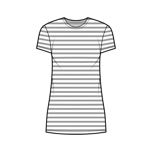 istock Dress sailor technical fashion illustration with stripes, short sleeves, oversized body, mini length pencil skirt. Flat 1322386934