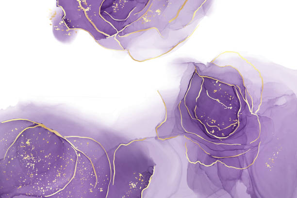 illustrazioni stock, clip art, cartoni animati e icone di tendenza di sfondo acquerello liquido malva con linee glitter dorate. effetto di disegno dell'inchiostro alcolico in marmo viola pastello. illustrazione vettoriale di arte fluida astratta e allo sfondo ametista - ametista