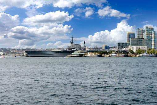 The USS Midway seen from the Coronado Island ferry in San Diego, California.