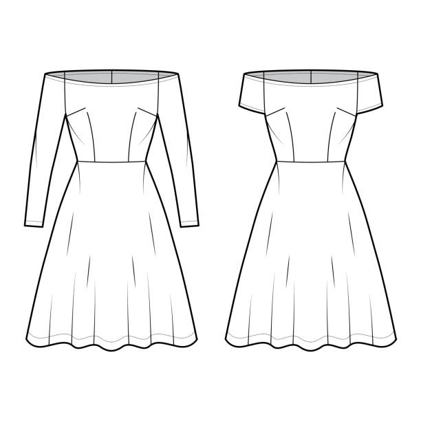 zestaw sukienki off-shoulder bardot techniczne ilustracji mody z długimi krótkimi rękawami, długość kolana okrągła spódnica - lace black lingerie textile stock illustrations