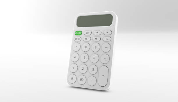 calcolatrice 3d. stile e sfondo bianco puro. illustrazione 3d, rendering 3d. - calcolatrice foto e immagini stock