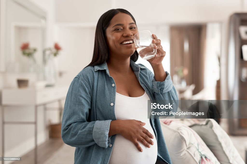 Portrait of a pregnant woman drinking a glass of water at home Got to stay hydrated for good health Water Stock Photo