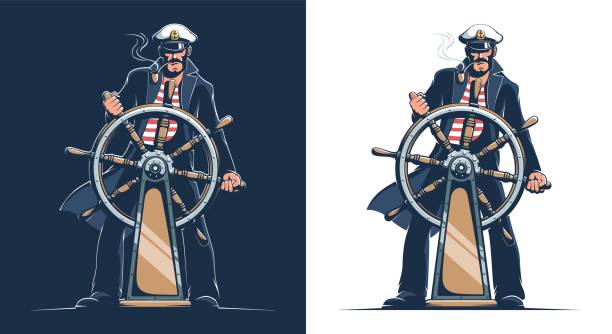 ilustraciones, imágenes clip art, dibujos animados e iconos de stock de marinero en uniforme de capitán al timón del barco - sailor