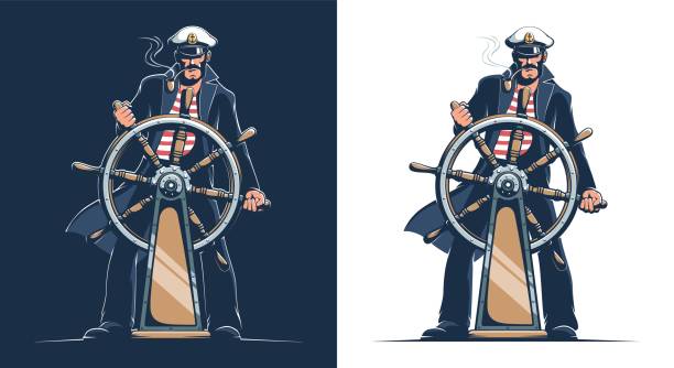 Sailor in captain uniform at the helm of the ship Captain of the ship. Sailor in captain uniform at the helm of the ship. Vector illustration. wheel cap stock illustrations