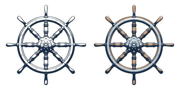 illustrazioni stock, clip art, cartoni animati e icone di tendenza di stile vintage del timone della nave - helm rudder sailboat isolated