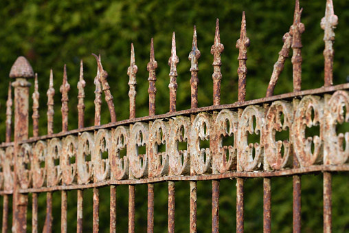 An old weathered metal fence with peeling paint against a green background