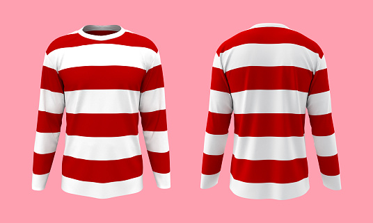 men's striped long- sleeve t-shirt mockup in front, side and back views, design presentation for print, 3d illustration, 3d rendering