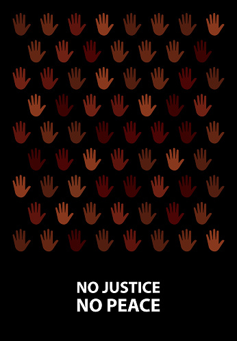 Abstract Poster with hand prints on black background. Concept of Justice and peace. Random close-up little hands different skin tones. Social equality issue. Modern vector illustration, poster, print