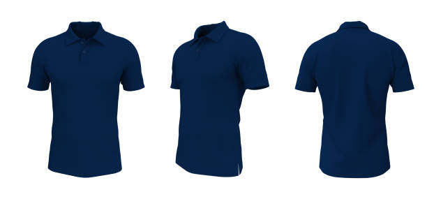 Blank collared shirt mockup in front, side and back views Blank collared shirt mockup in front, side and back views, tee design presentation for print, 3d rendering, 3d illustration navy blue stock pictures, royalty-free photos & images