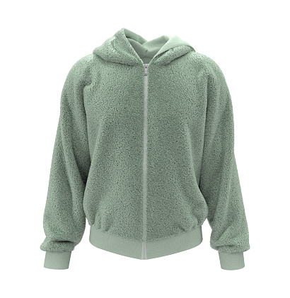 Fleece hooded sweatshirt  mockup with zipper in front view, isolated on white  background, 3d rendering, 3d illustration