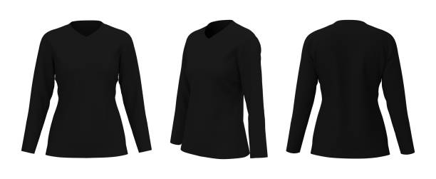 istock Women's v-neck t-shirt mockup in front, side and back views 1322404003