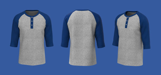 Blank raglan henley shirt in front, side and back views