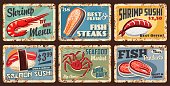 istock Sushi, fish and seafood market metal grunge signs 1322404955