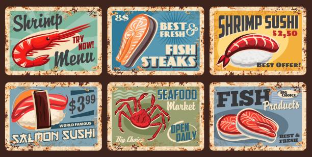 Sushi, fish and seafood market metal grunge signs Fish and seafood sushi, food market and restaurant menu price, vector grunge metal signs. Salmon fish steaks, Japanese cuisine sushi and rolls with shrimps and lobster crab, rusty tin plates, posters salmon animal illustrations stock illustrations