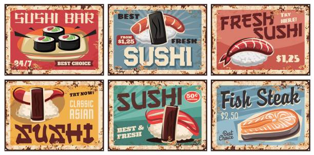 Sushi metal plates or retro posters, Japanese food Sushi metal plates or retro posters, Japanese food cuisine and bar menu. Japanese sushi and rolls with salmon, shrimp or squid and nori seaweed with fish steak, restaurant lunch menu rusty plates tako stock illustrations