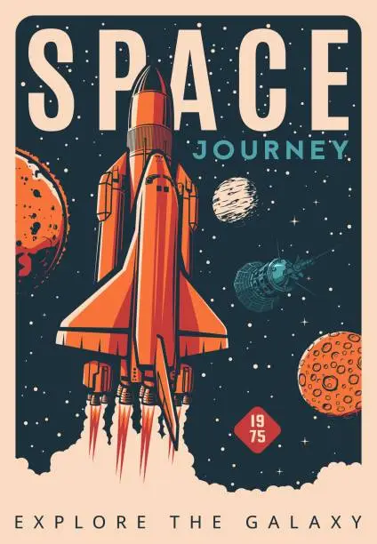 Vector illustration of Spaceship shuttle or rocket in space, retro poster