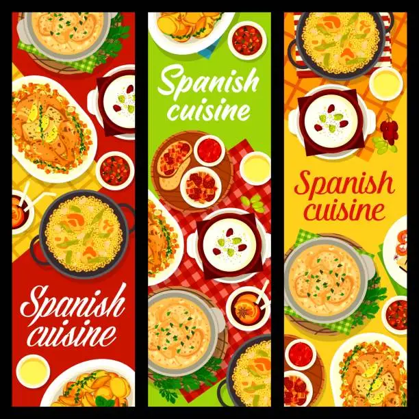 Vector illustration of Spanish cuisine vector banners, Spain dishes.