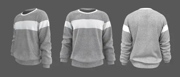 Blank sweatshirt mock up in front, side and back views, isolated on white, 3d rendering, 3d illustration