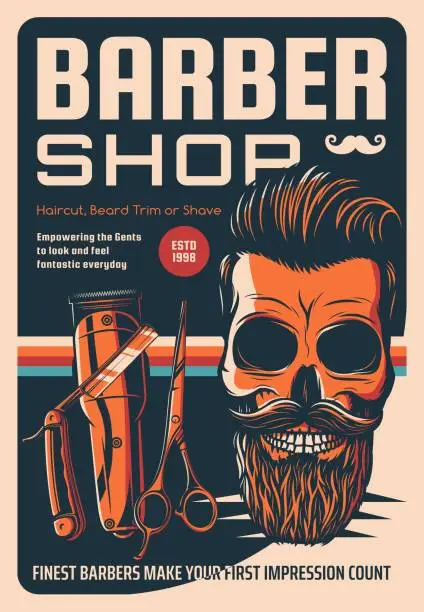 Vector illustration of Barber shop vector vintage poster hipster skull