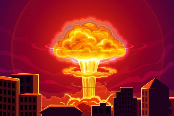 ilustraciones, imágenes clip art, dibujos animados e iconos de stock de explosión nuclear de la bomba atómica en fondo de la ciudad - fireball flame fire bomb