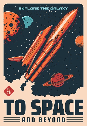 Space planets and spaceship vector design of astronomy and space travel retro poster. Rocket with shuttle orbiter floating through universe galaxy, Moon, Saturn, Mars and Neptune, stars and meteors
