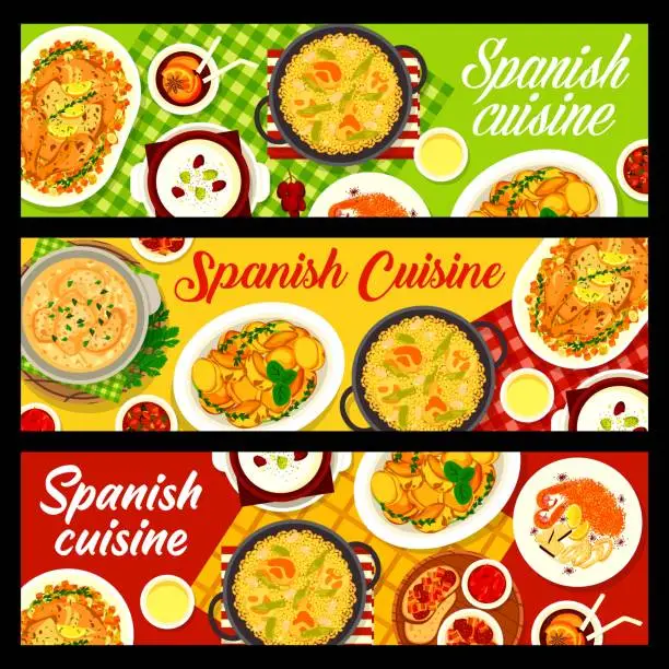 Vector illustration of Spanish cuisine, Spain food vector banners set